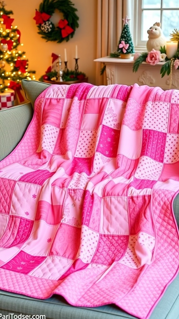 Charming Pink Christmas Quilt Ideas A pink Christmas quilt with snowflakes and trees on a couch, surrounded by holiday decor.